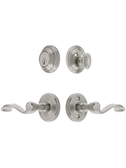 Grandeur Georgetown Entry Door Set, Keyed Alike with Portofino Levers Left Handed in Satin Nickel.